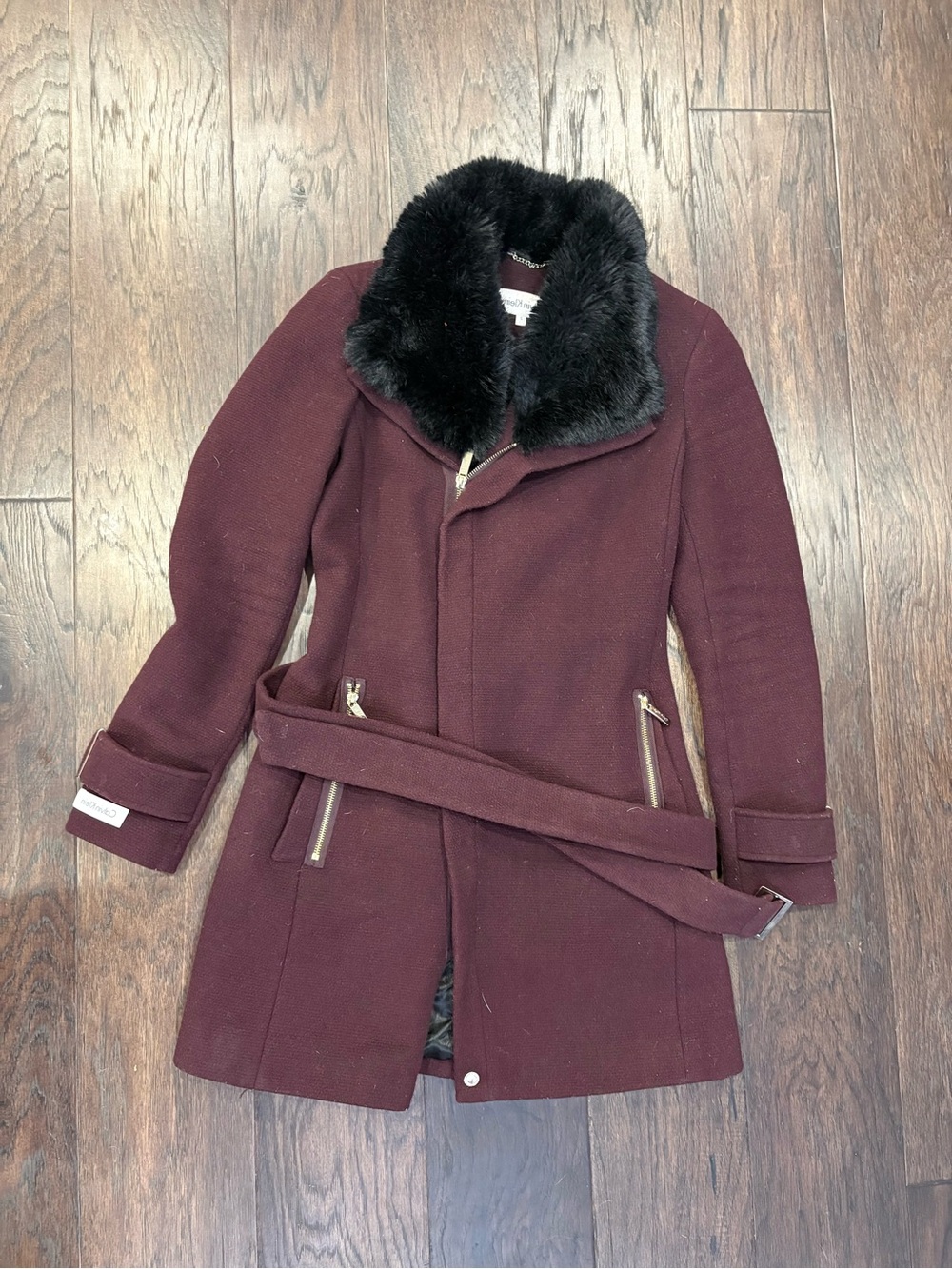 Calvin Klein Black Faux Fur Collar Coat - Deep Burgundy Lining